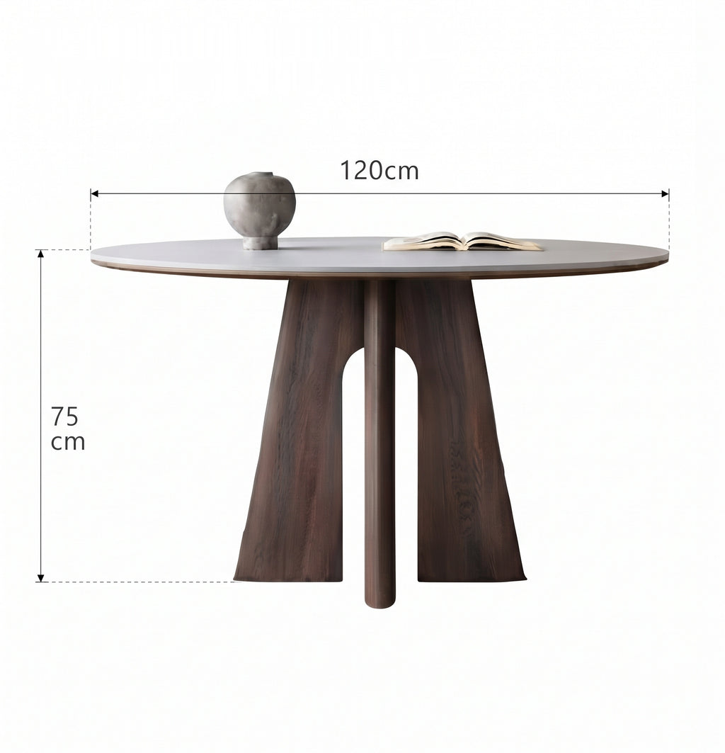 Table à manger ronde, bois massif et pierre frittée - Maison Delore