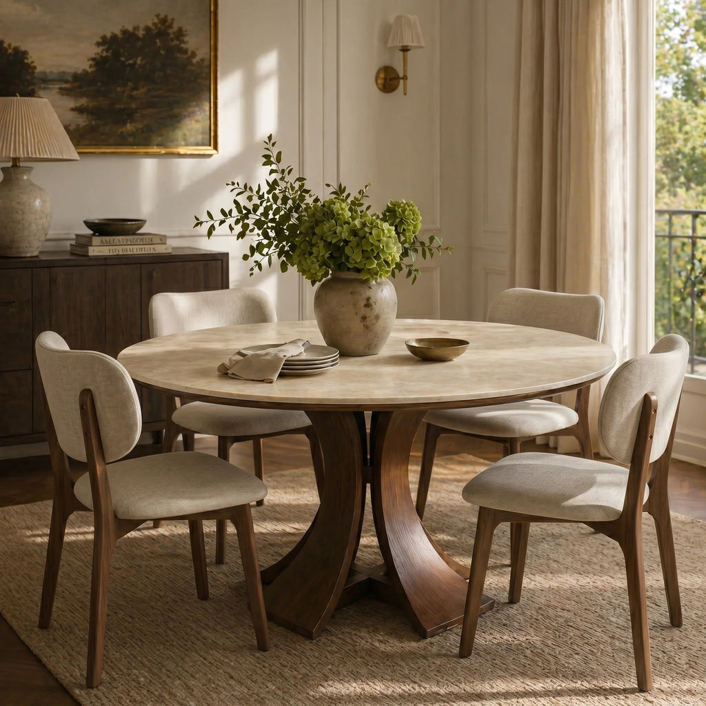 Table à manger ronde contemporaine pierre frittée, pied central bois - Maison Delore
