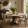Table à manger ronde contemporaine pierre frittée, pied central bois - Maison Delore