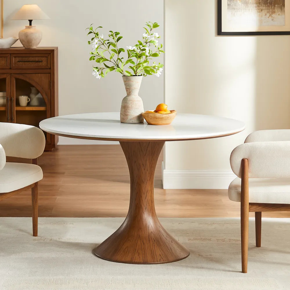 Table à manger ronde pivotante, pierre frittée et bois massif - Maison Delore