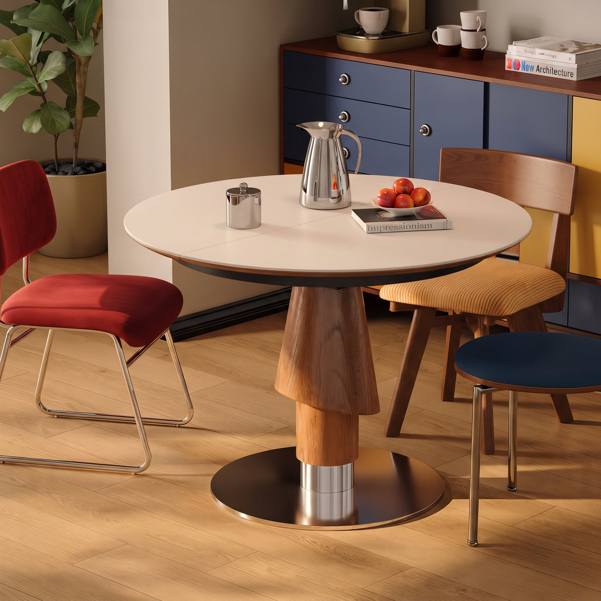 Table à manger extensible, plateau pierre frittée et chant bois massif - Maison Delore