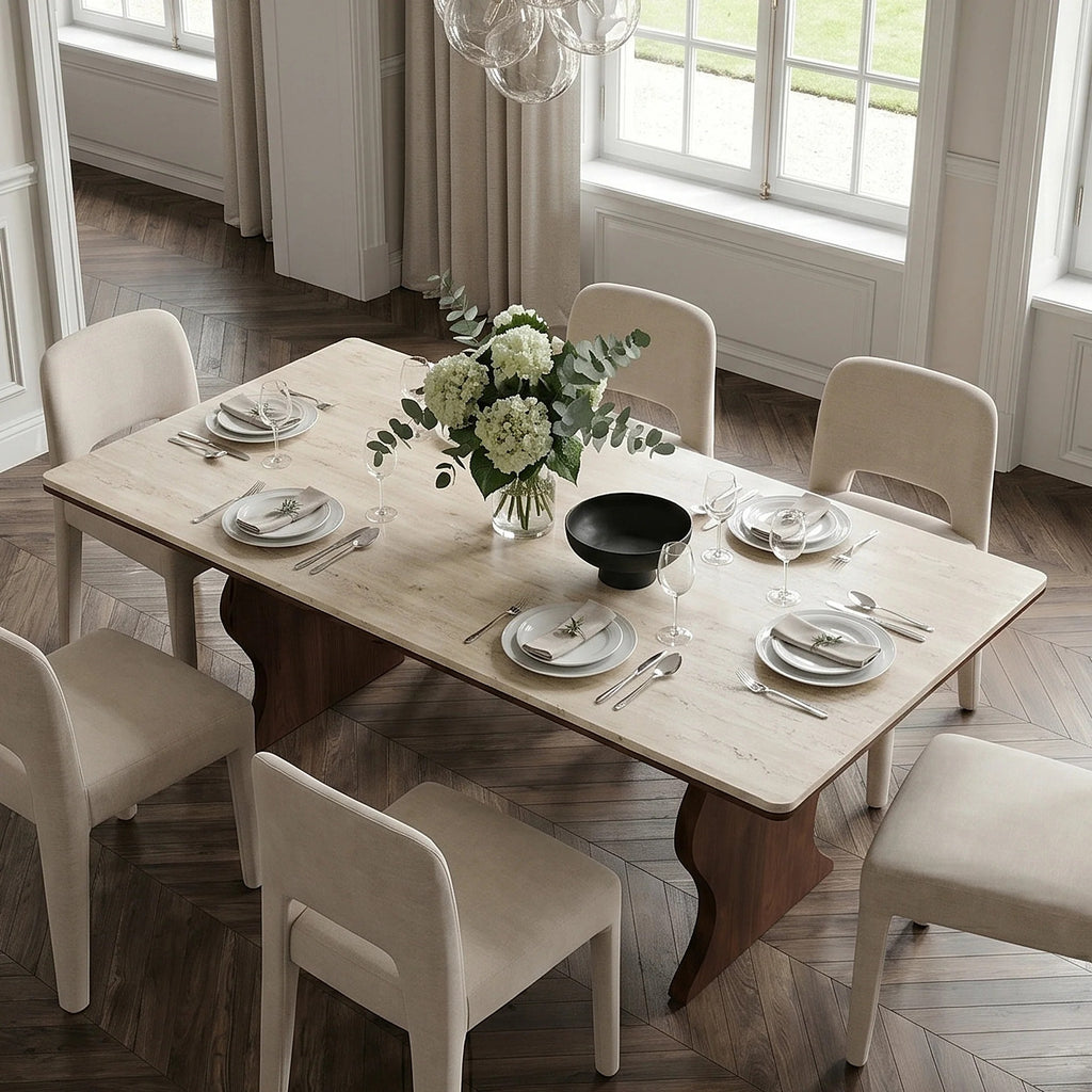Table à manger, bois massif et pierre frittée - Maison Delore