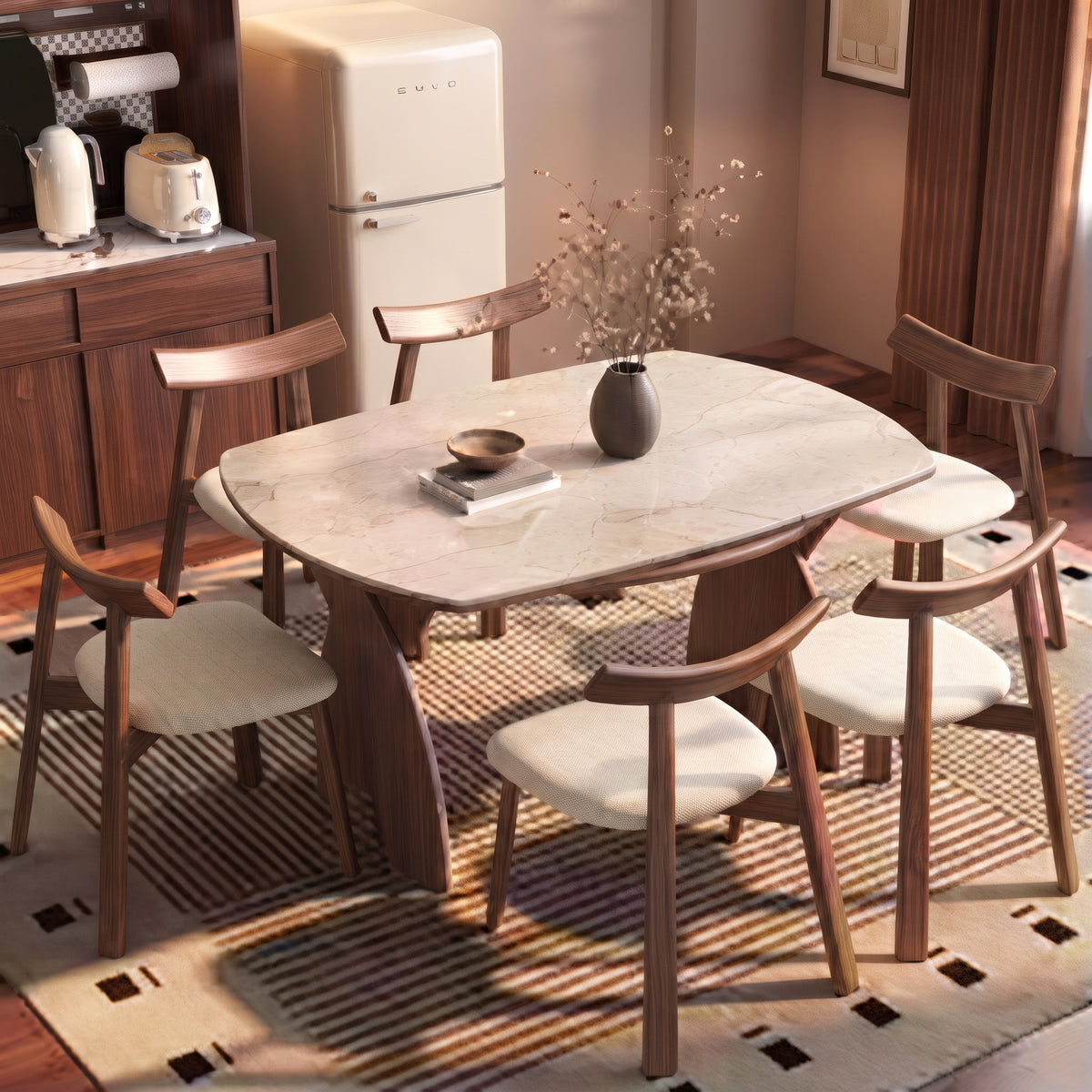 Table à manger ronde, pierre frittée et bois massif - Maison Delore
