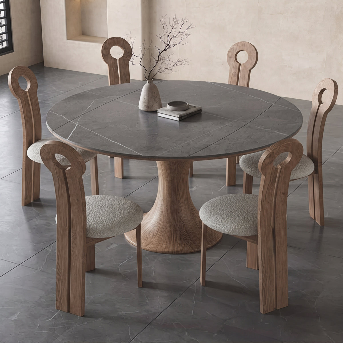 Table à manger ronde, pierre frittée et bois massif - grand format - Maison Delore