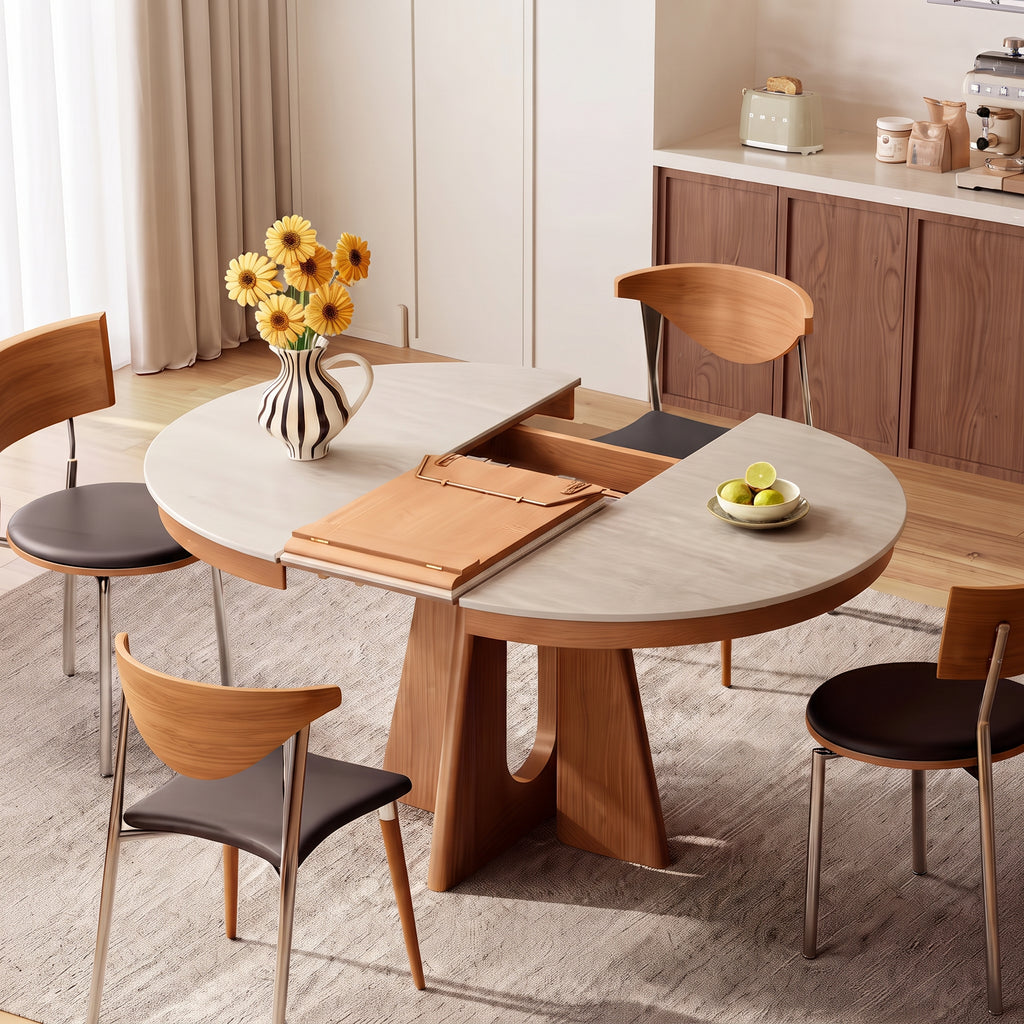 Table à manger extensible, pierre frittée et chant bois massif - Maison Delore