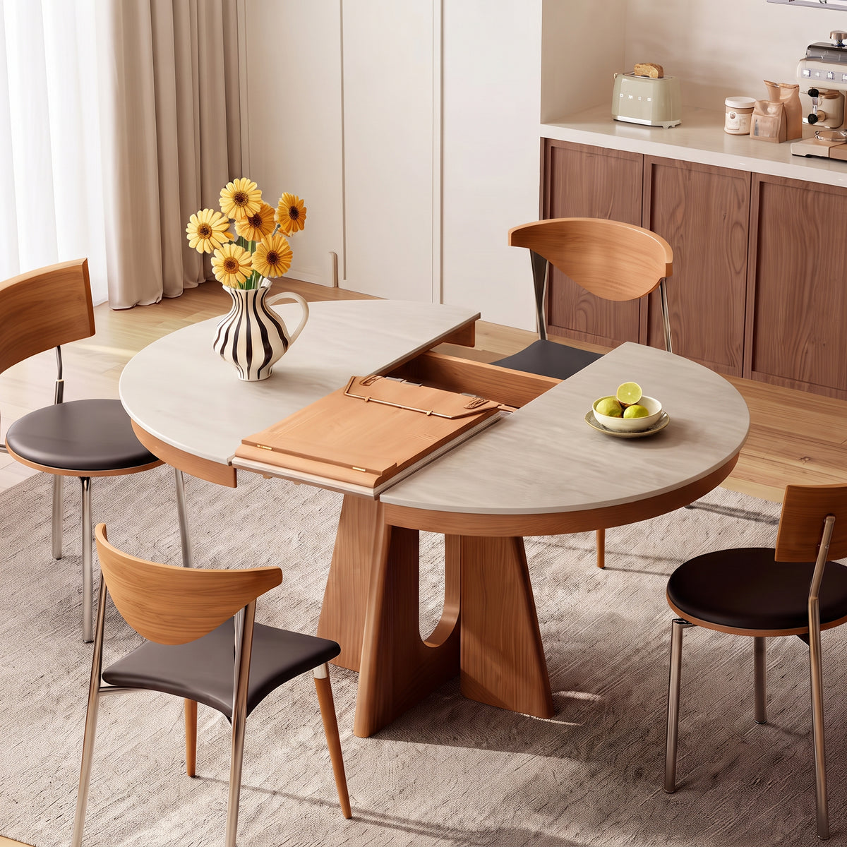Table à manger extensible, pierre frittée et chant bois massif - Maison Delore