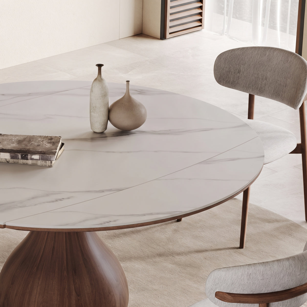 Table carrée transformable en table ronde, plateau effet marbre, pied tulipe en bois - Maison Delore