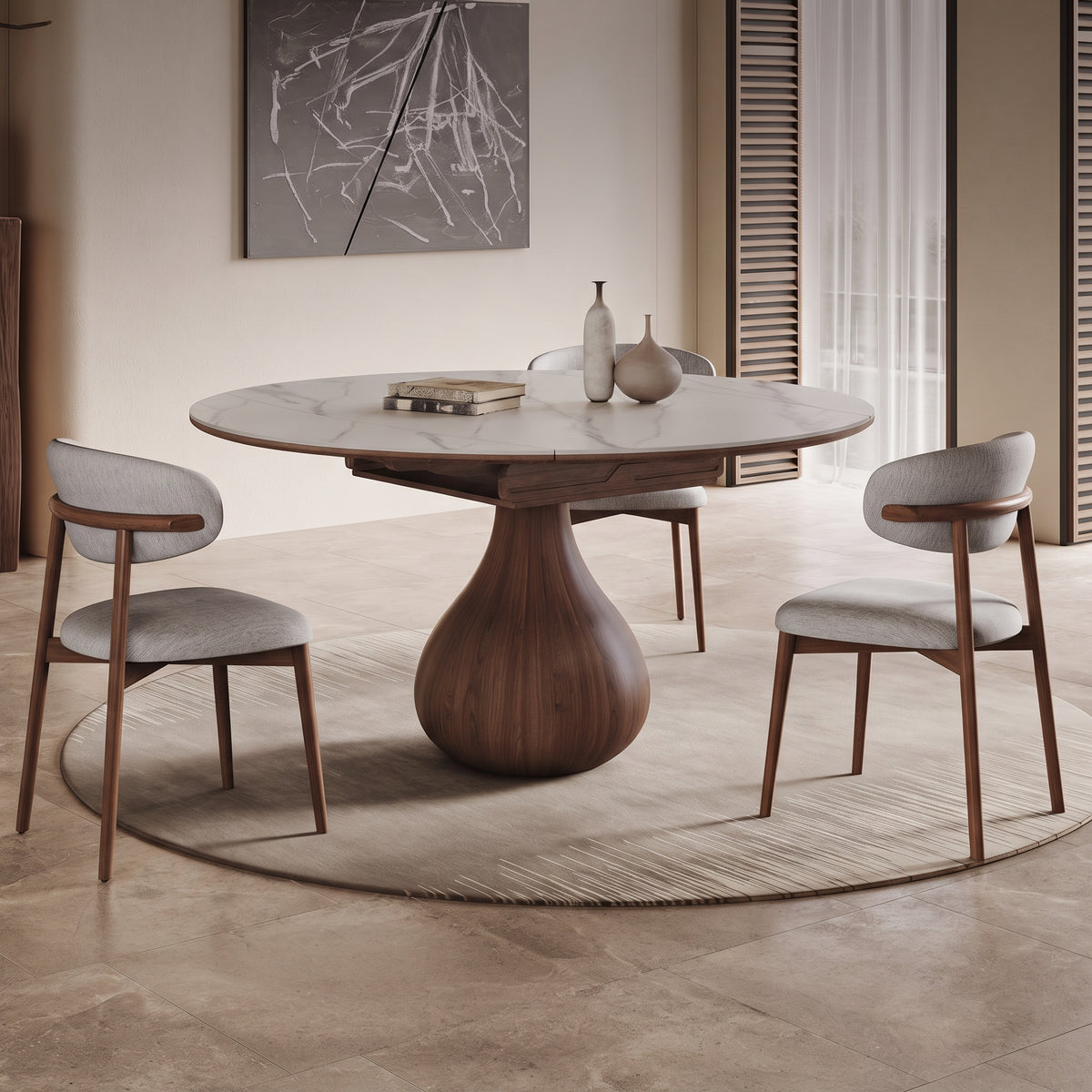 Table carrée transformable en table ronde, plateau effet marbre, pied tulipe en bois - Maison Delore