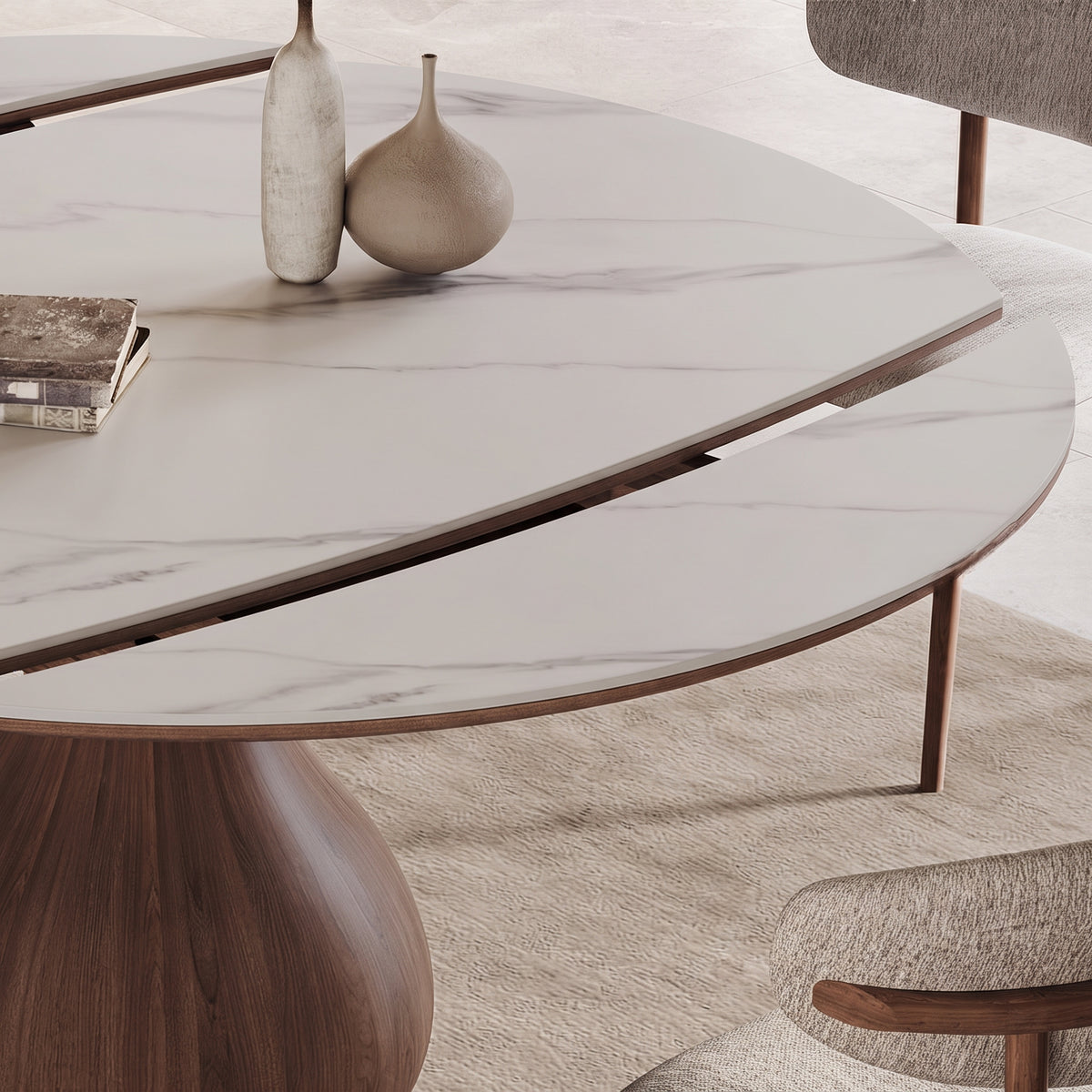 Table carrée transformable en table ronde, plateau effet marbre, pied tulipe en bois - Maison Delore
