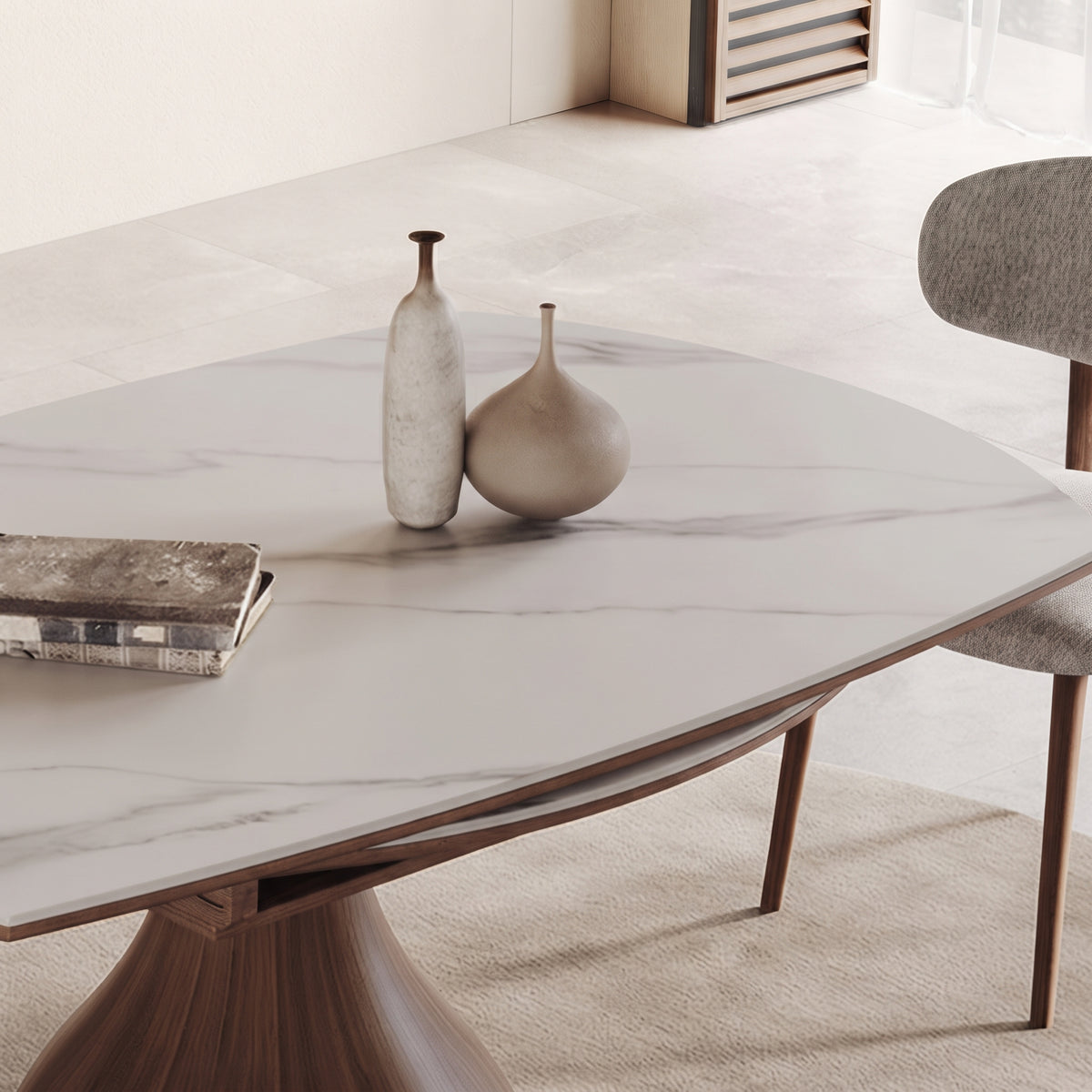 Table carrée transformable en table ronde, plateau effet marbre, pied tulipe en bois - Maison Delore
