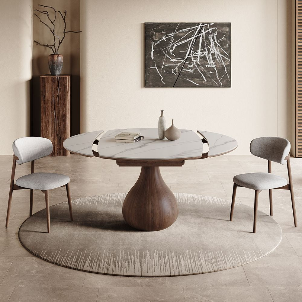 Table carrée transformable en table ronde, plateau effet marbre, pied tulipe en bois - Maison Delore