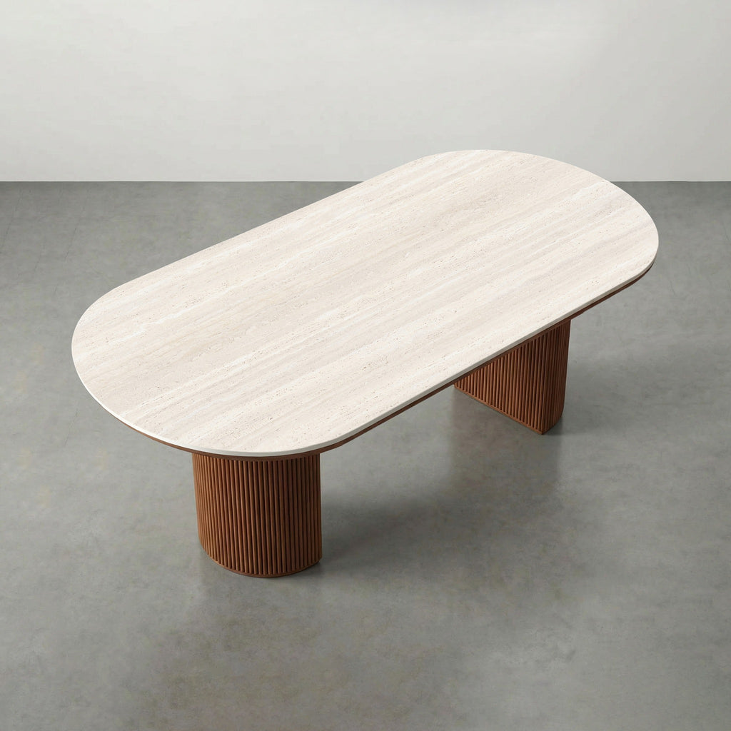 Table à manger, structure bois massif et plateau pierre frittée - Maison Delore
