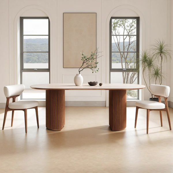 Table à manger, structure bois massif et plateau pierre frittée - Maison Delore