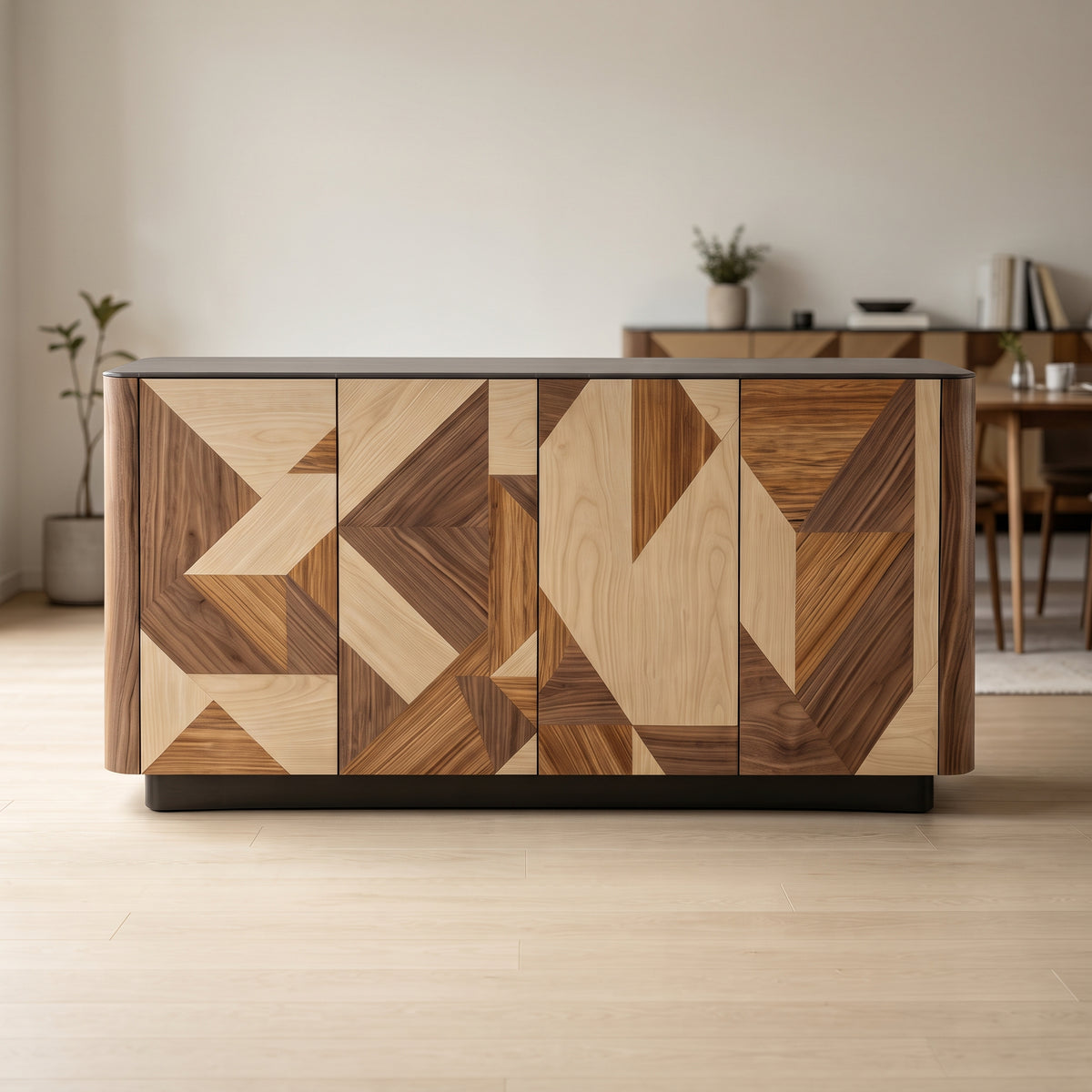 Buffet en marqueterie bois motif géométrique, 150 cm