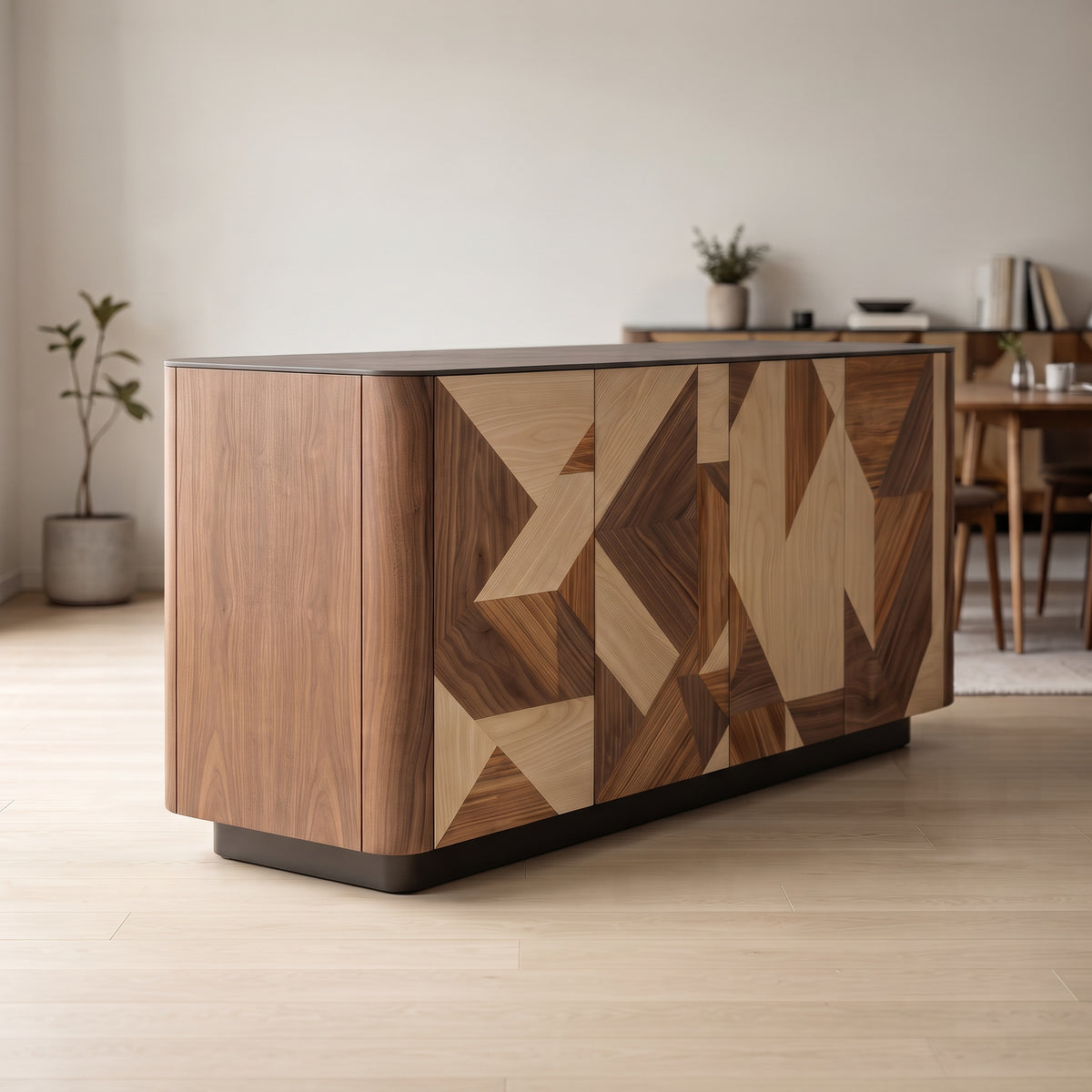 Buffet en marqueterie bois motif géométrique, 150 cm