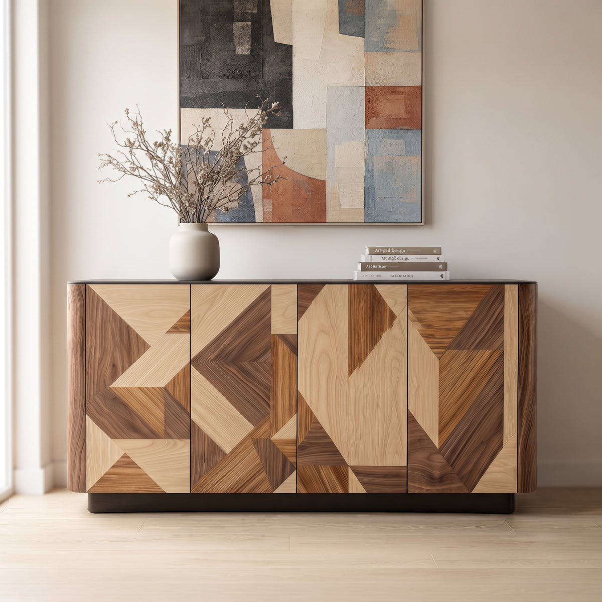 Buffet en marqueterie bois motif géométrique, 150 cm
