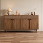Buffet en noyer cannelé 4 portes, pieds fuselés et poignées laiton, 150 cm