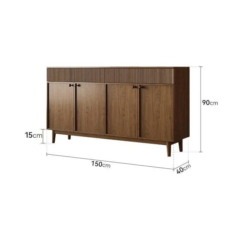 Buffet en noyer cannelé 4 portes, pieds fuselés et poignées laiton, 150 cm