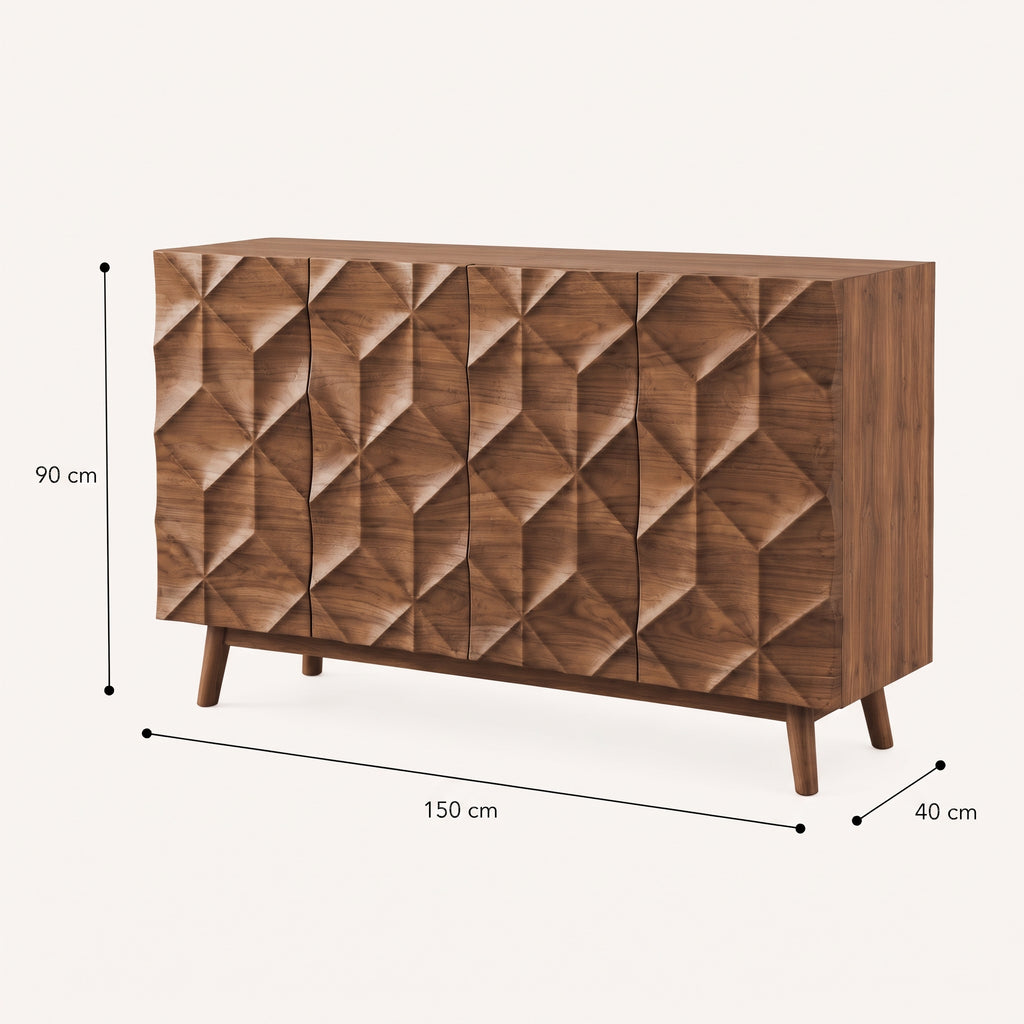 Buffet en noyer à facettes 3D motif losange, 120 ou 150 cm