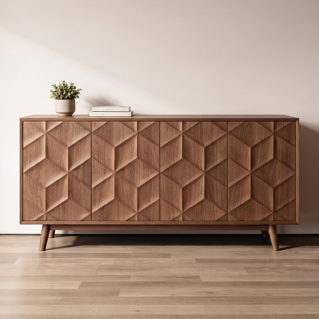 Buffet en noyer à facettes 3D motif losange, 120 ou 150 cm