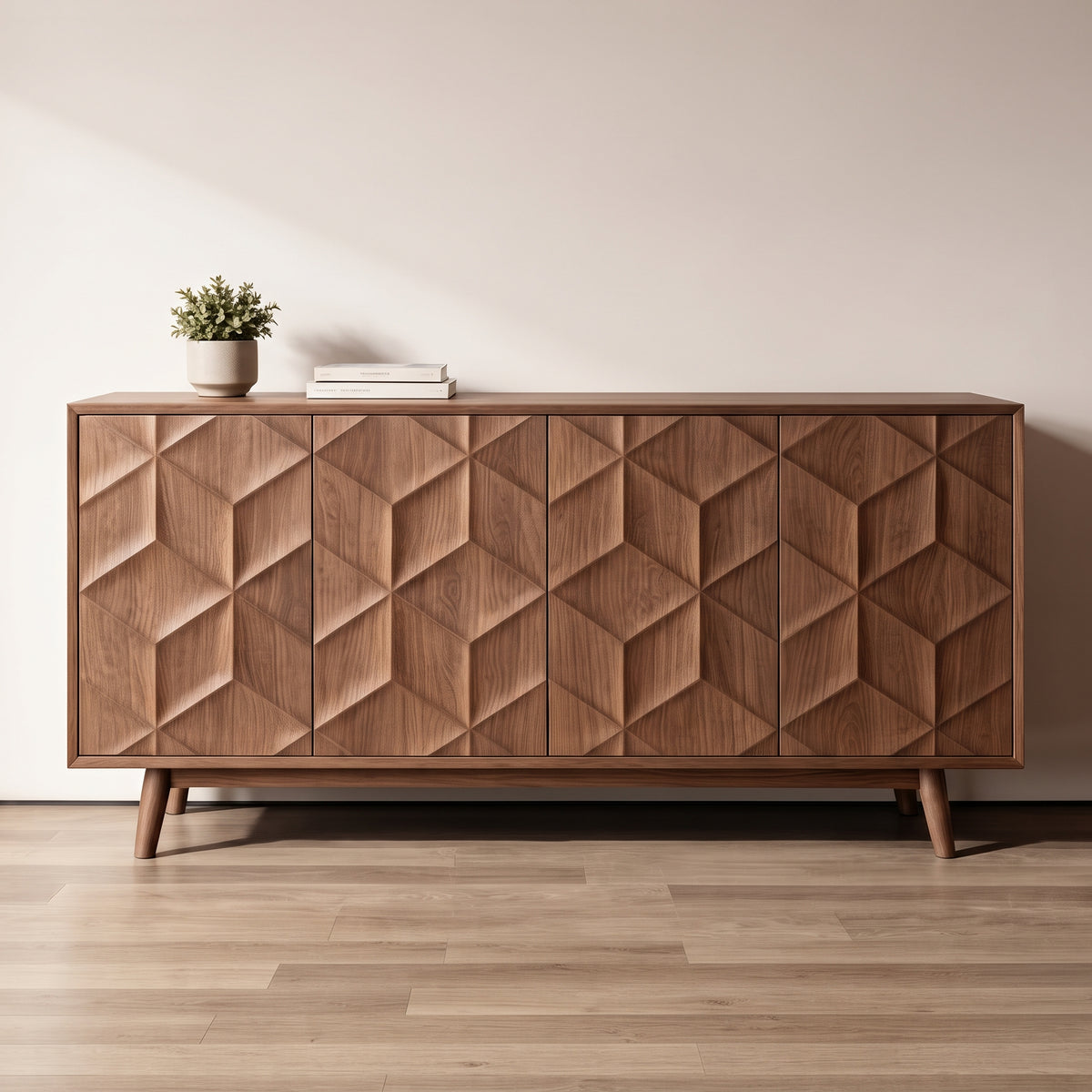 Buffet en noyer à facettes 3D motif losange, 120 ou 150 cm