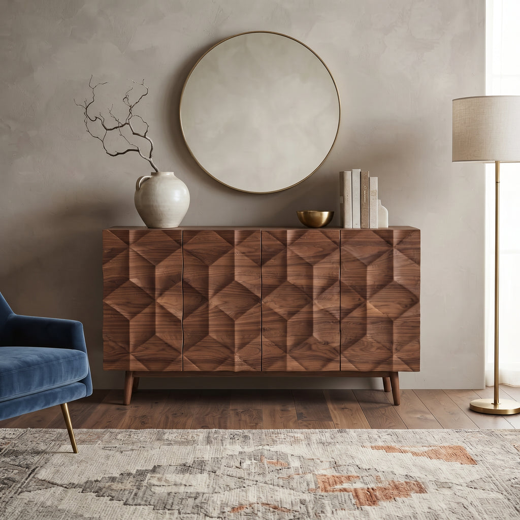 Buffet en noyer à facettes 3D motif losange, 120 ou 150 cm