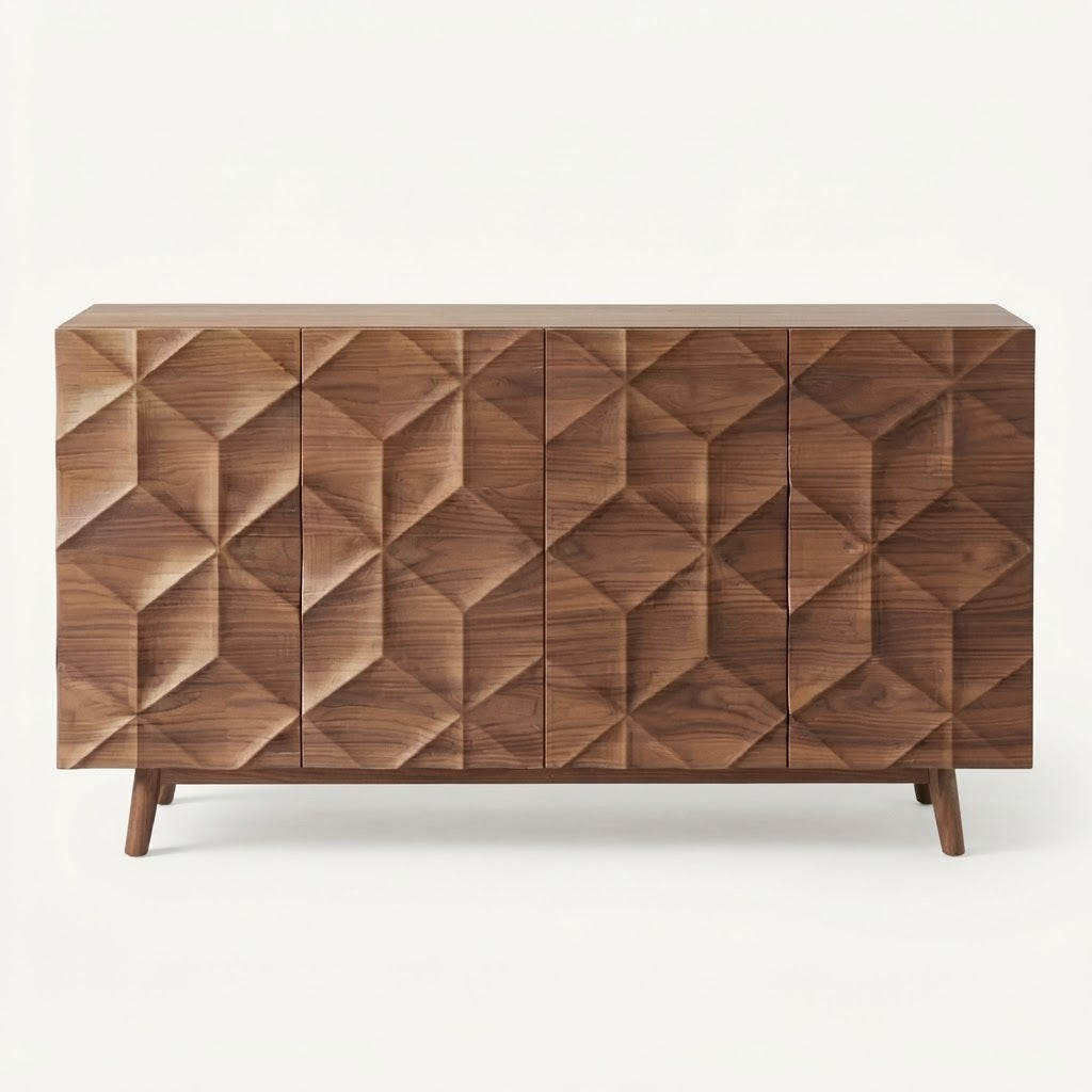 Buffet en noyer à facettes 3D motif losange, 120 ou 150 cm