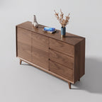Buffet en noyer 2 portes 3 tiroirs, pieds compas, style mid-century, 120 ou 150 cm
