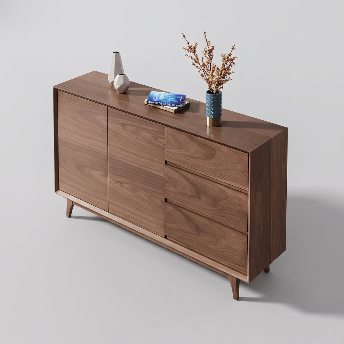Buffet en noyer 2 portes 3 tiroirs, pieds compas, style mid-century, 120 ou 150 cm