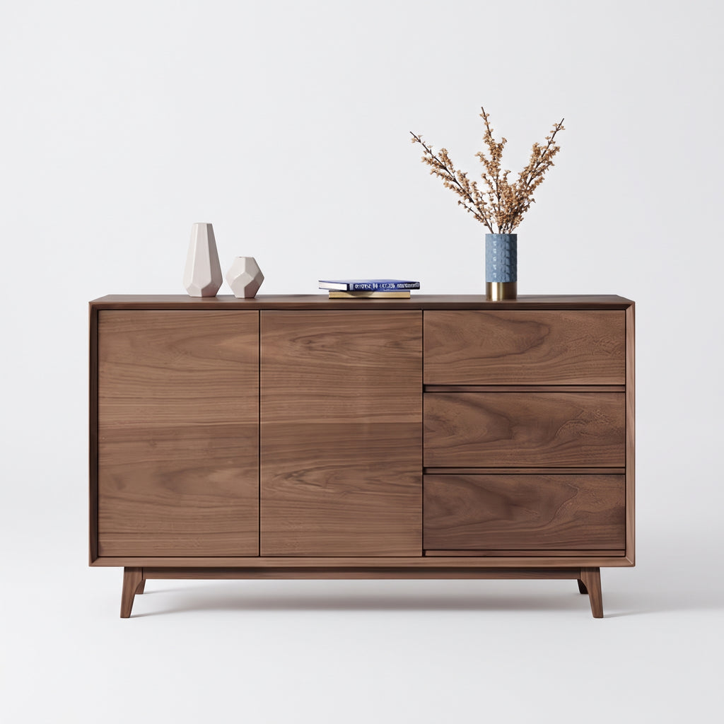 Buffet en noyer 2 portes 3 tiroirs, pieds compas, style mid-century, 120 ou 150 cm