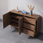 Buffet en noyer 2 portes 3 tiroirs, pieds compas, style mid-century, 120 ou 150 cm