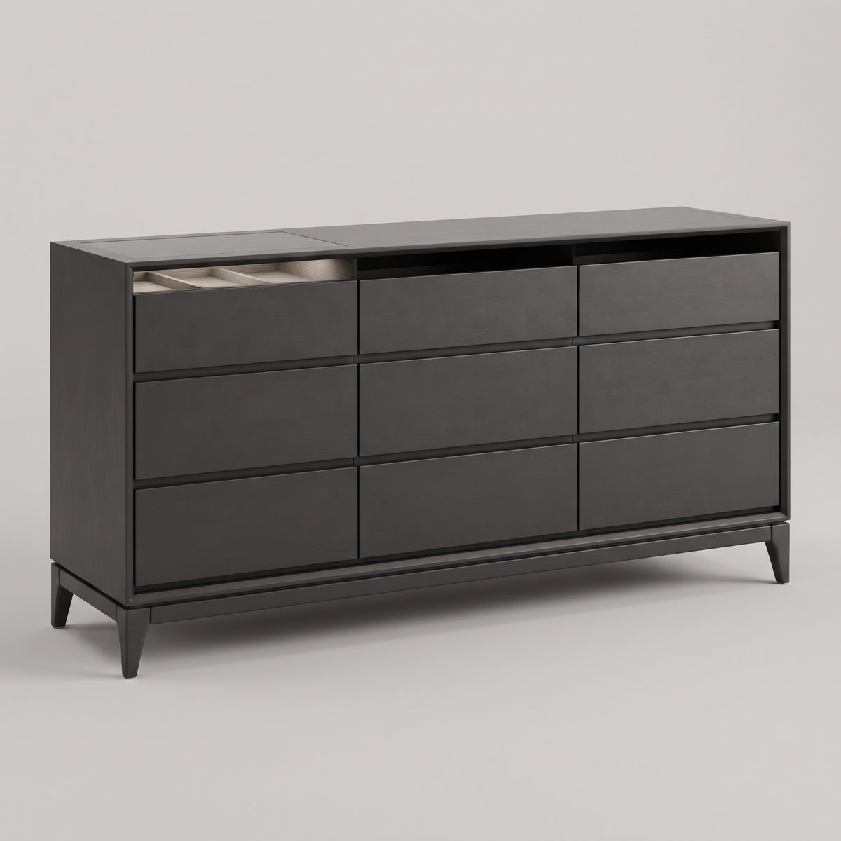 Buffet 9 tiroirs laqué anthracite mat, pieds métal noir, 160 cm