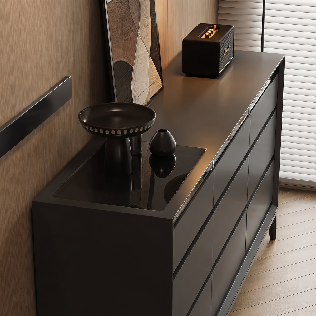 Buffet 9 tiroirs laqué anthracite mat, pieds métal noir, 160 cm