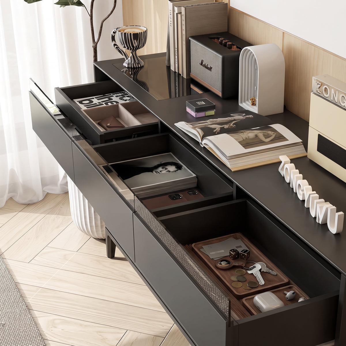 Buffet 9 tiroirs laqué anthracite mat, pieds métal noir, 160 cm
