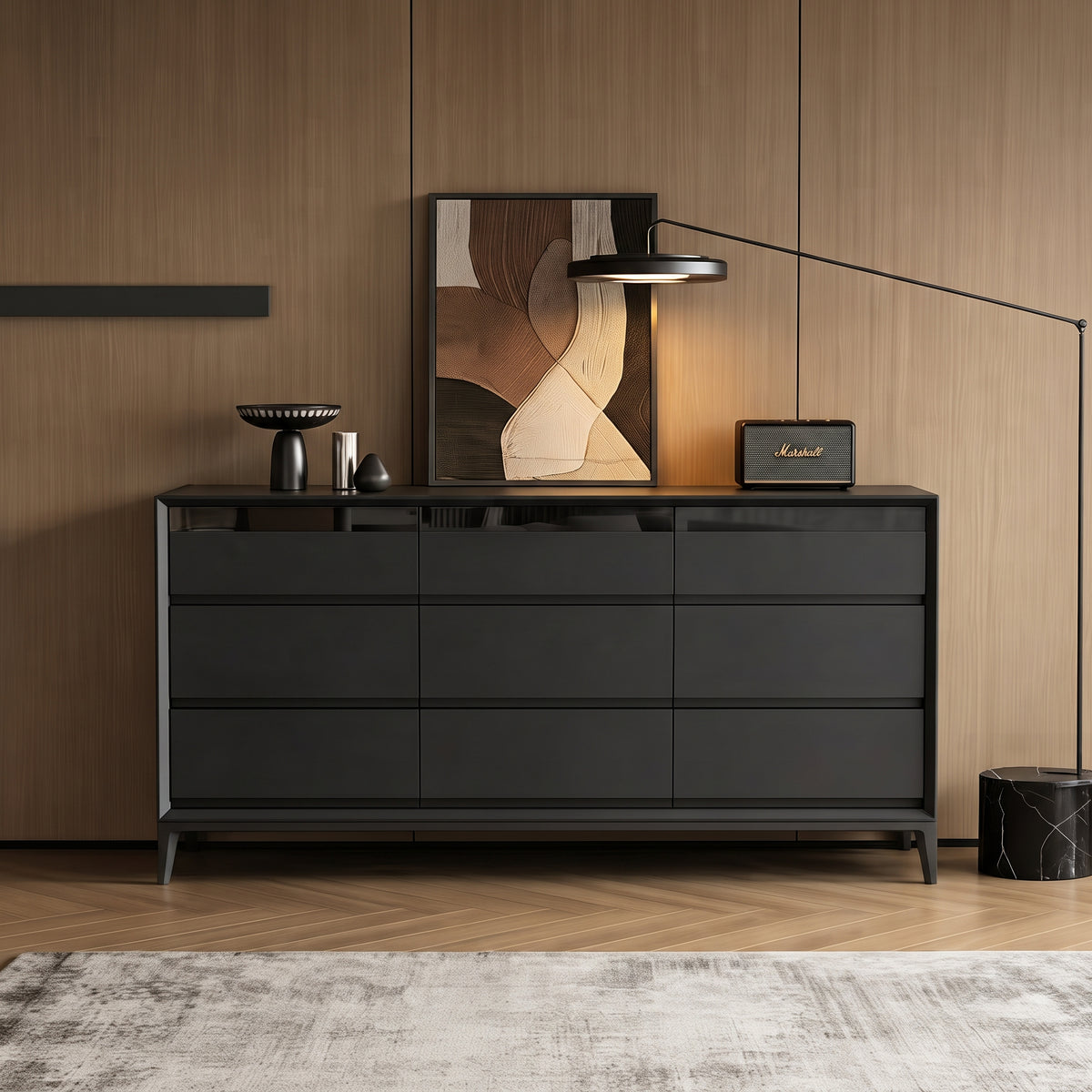 Buffet 9 tiroirs laqué anthracite mat, pieds métal noir, 160 cm