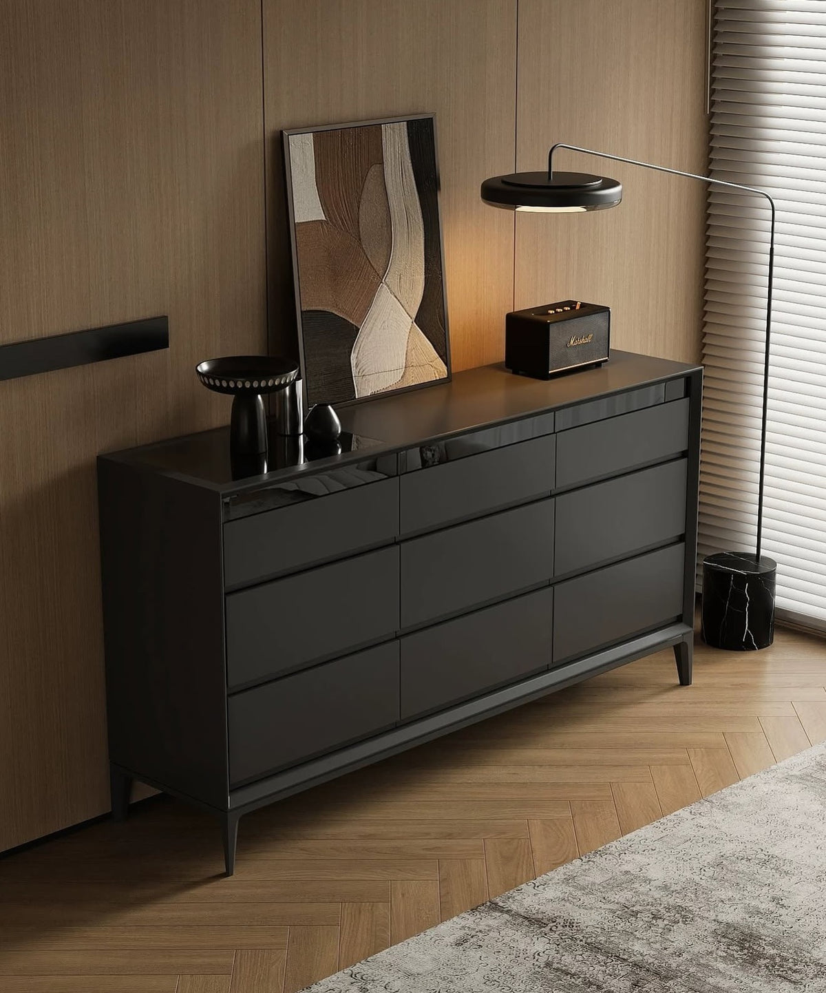 Buffet 9 tiroirs laqué anthracite mat, pieds métal noir, 160 cm