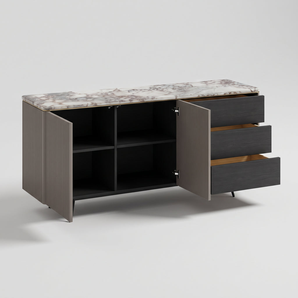 Buffet plateau pierre naturelle, façade cannelée bois fumé, 160 cm