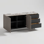 Buffet plateau pierre naturelle, façade cannelée bois fumé, 160 cm
