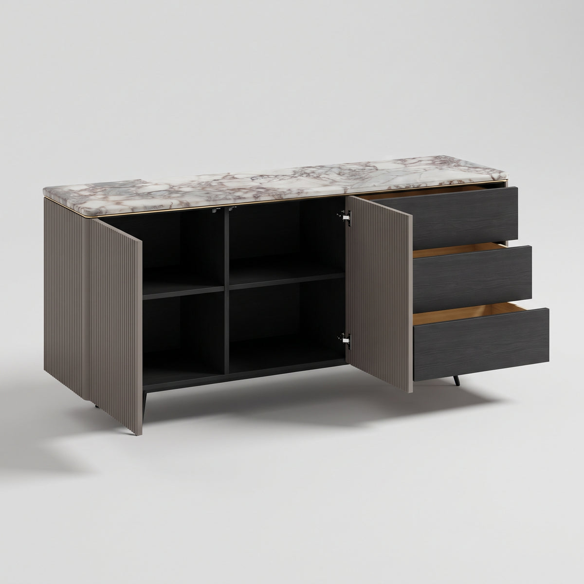 Buffet plateau pierre naturelle, façade cannelée bois fumé, 160 cm
