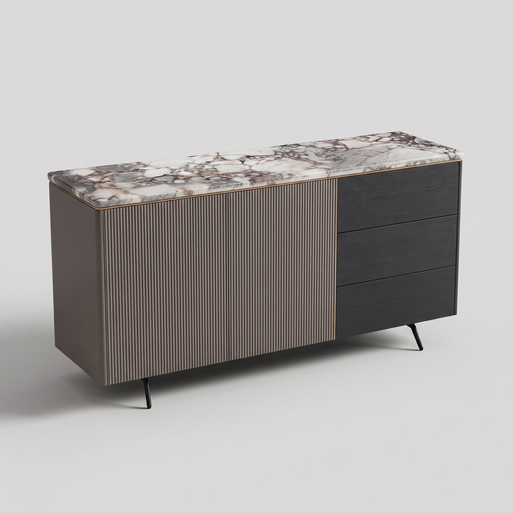 Buffet plateau pierre naturelle, façade cannelée bois fumé, 160 cm