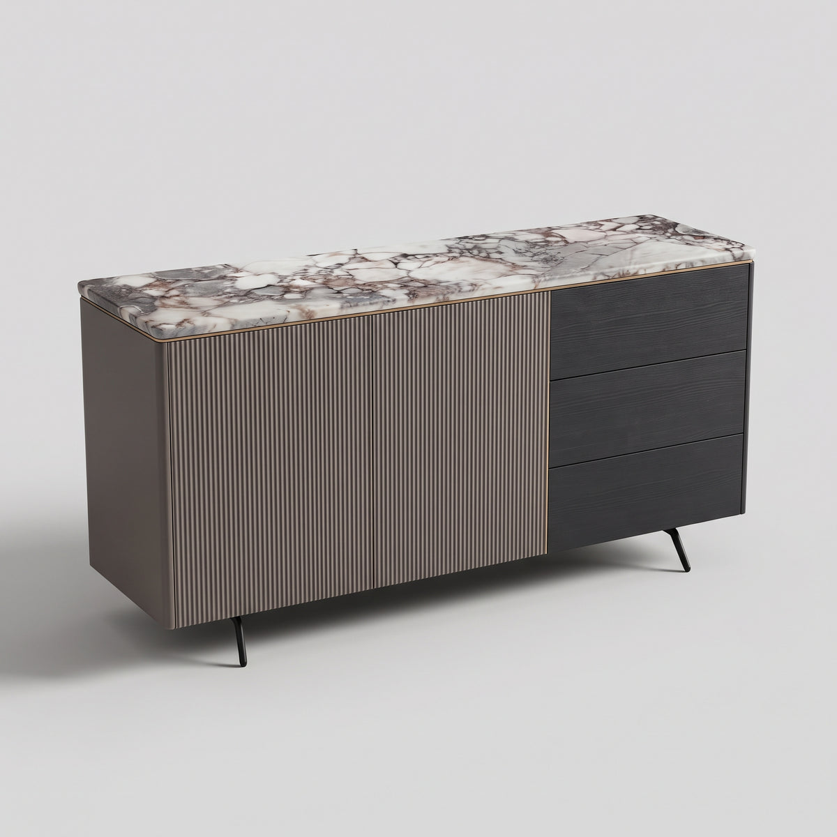 Buffet plateau pierre naturelle, façade cannelée bois fumé, 160 cm