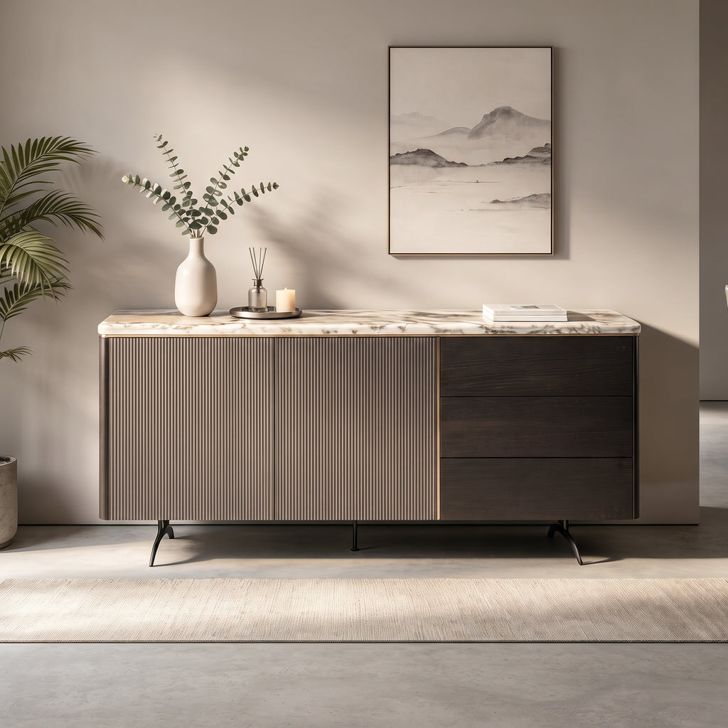 Buffet plateau pierre naturelle, façade cannelée bois fumé, 160 cm