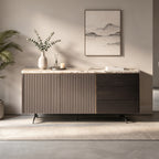 Buffet plateau pierre naturelle, façade cannelée bois fumé, 160 cm