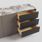 Buffet plateau pierre naturelle, façade cannelée bois fumé, 160 cm