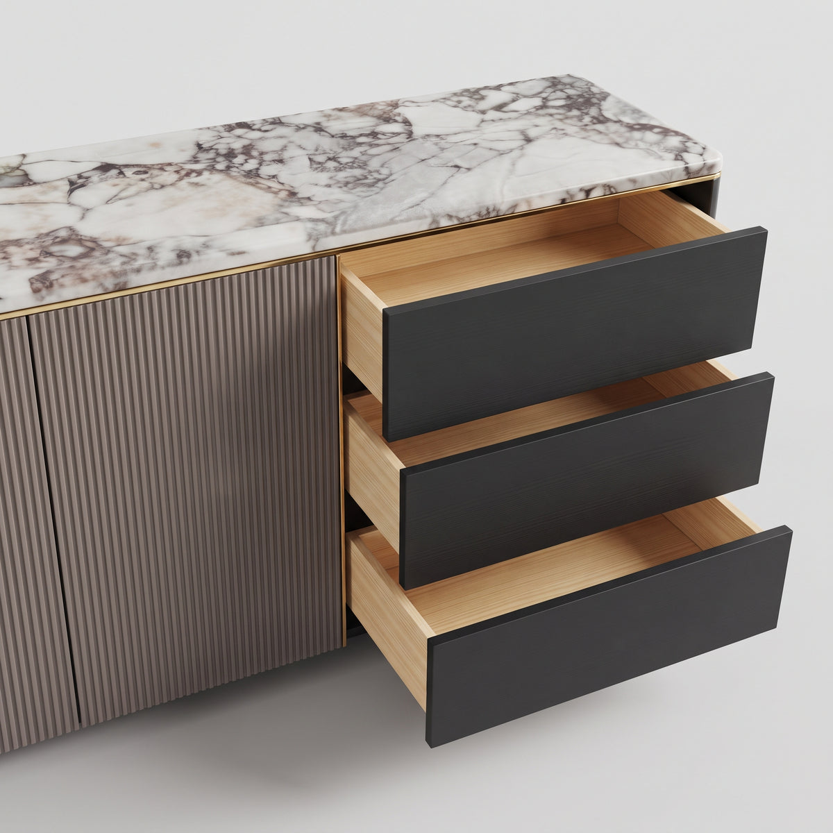 Buffet plateau pierre naturelle, façade cannelée bois fumé, 160 cm