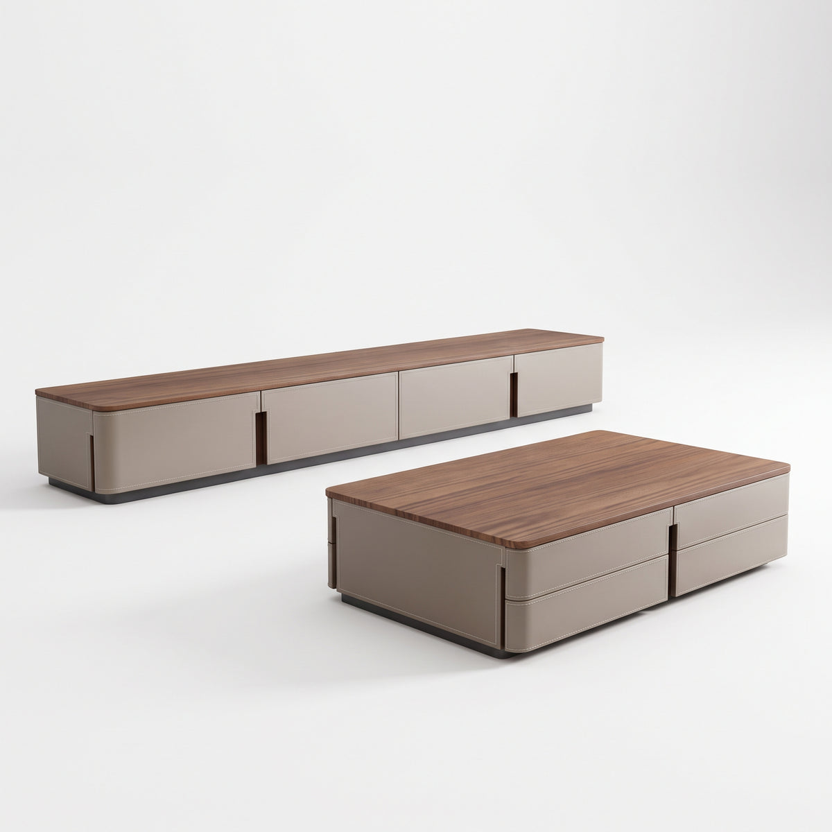 Ensemble table basse et meuble TV bois massif et cuir sellier, 180 ou 200 cm