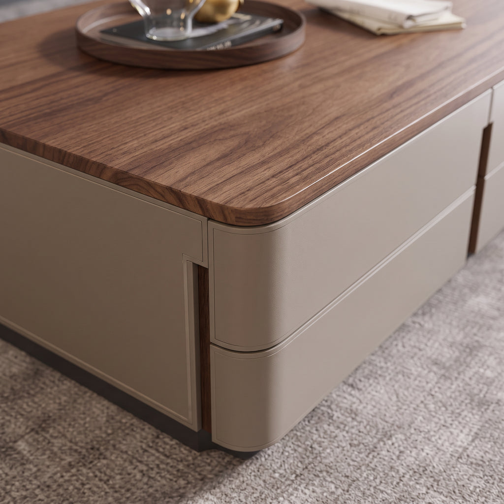 Ensemble table basse et meuble TV bois massif et cuir sellier, 180 ou 200 cm