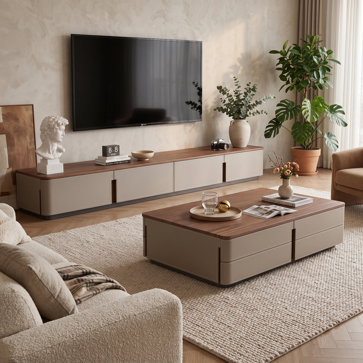 Ensemble table basse et meuble TV bois massif et cuir sellier, 180 ou 200 cm