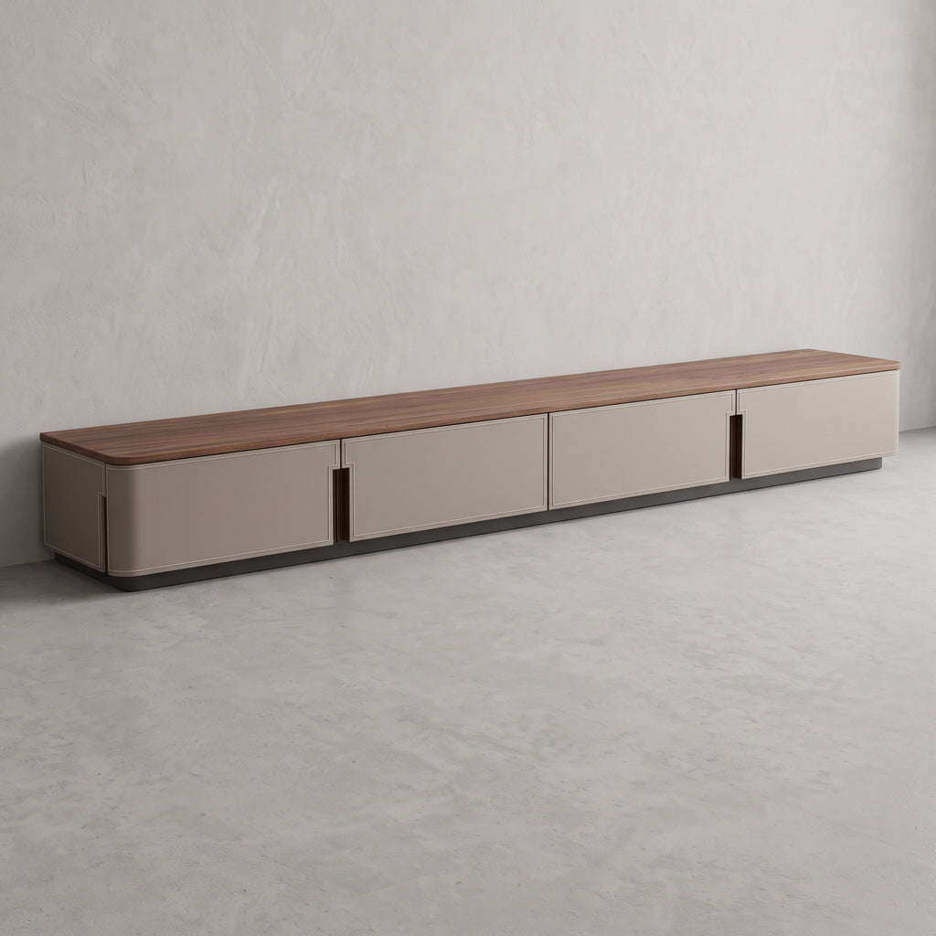 Ensemble table basse et meuble TV bois massif et cuir sellier, 180 ou 200 cm