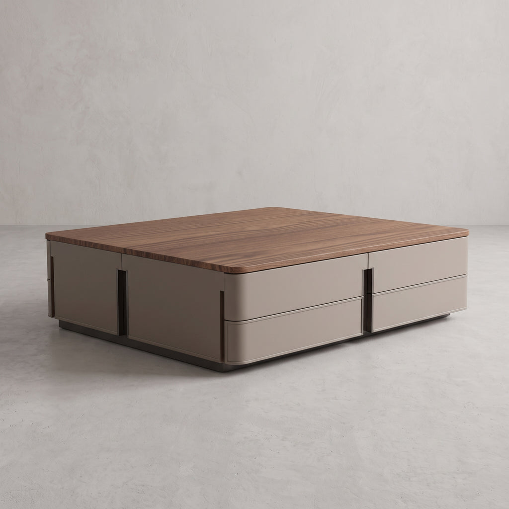 Ensemble table basse et meuble TV bois massif et cuir sellier, 180 ou 200 cm